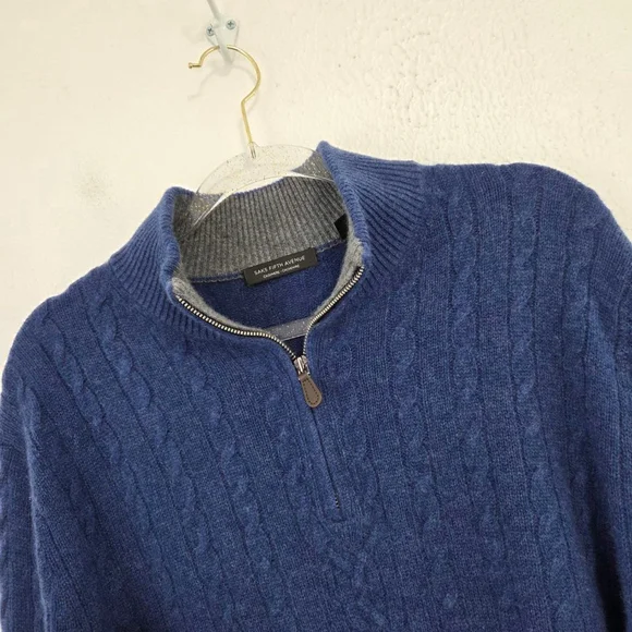 Saks Fifth Avenue men's cashmere quarter zip sweater blue cable knit size XL